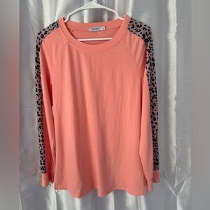 Coral Pink Long-Sleeve Top with Leopard Sleeve Detail